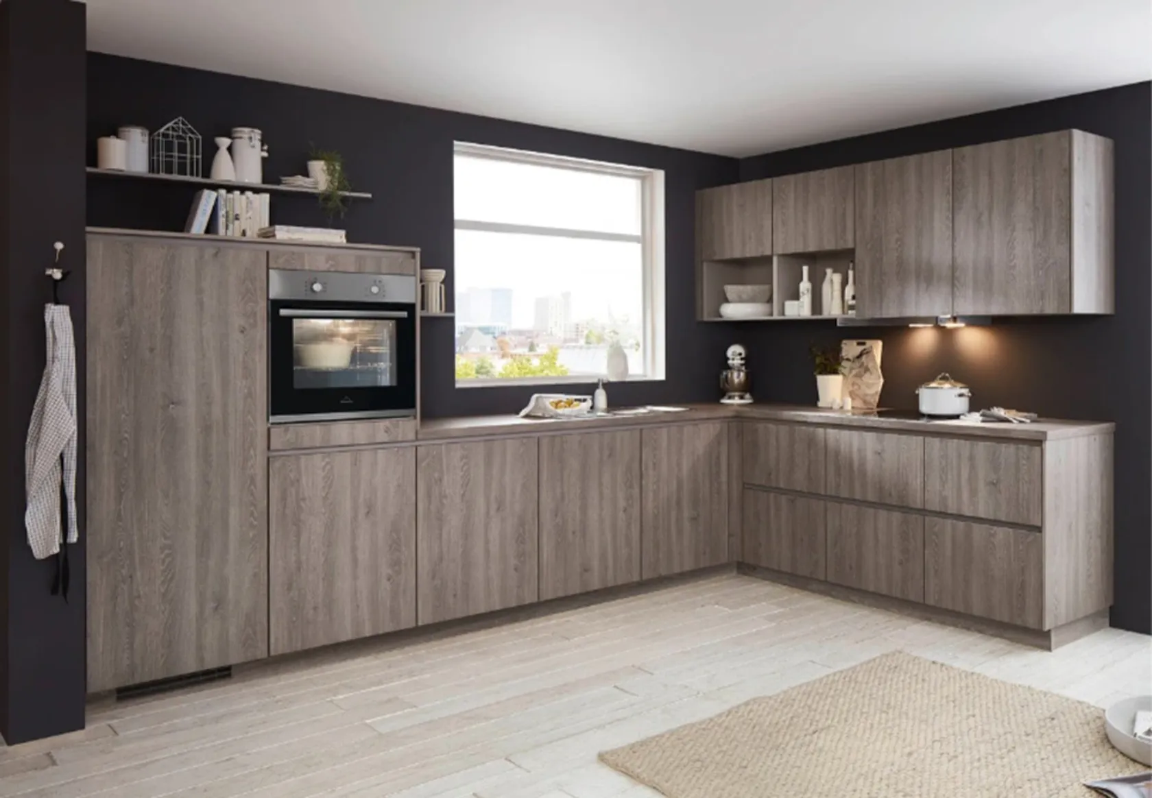 L-Küche mit Holzoptik