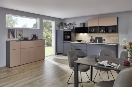 grifflose Kueche in grau und korallen Farbe grifflose Kueche in grau und korallen Farbe
