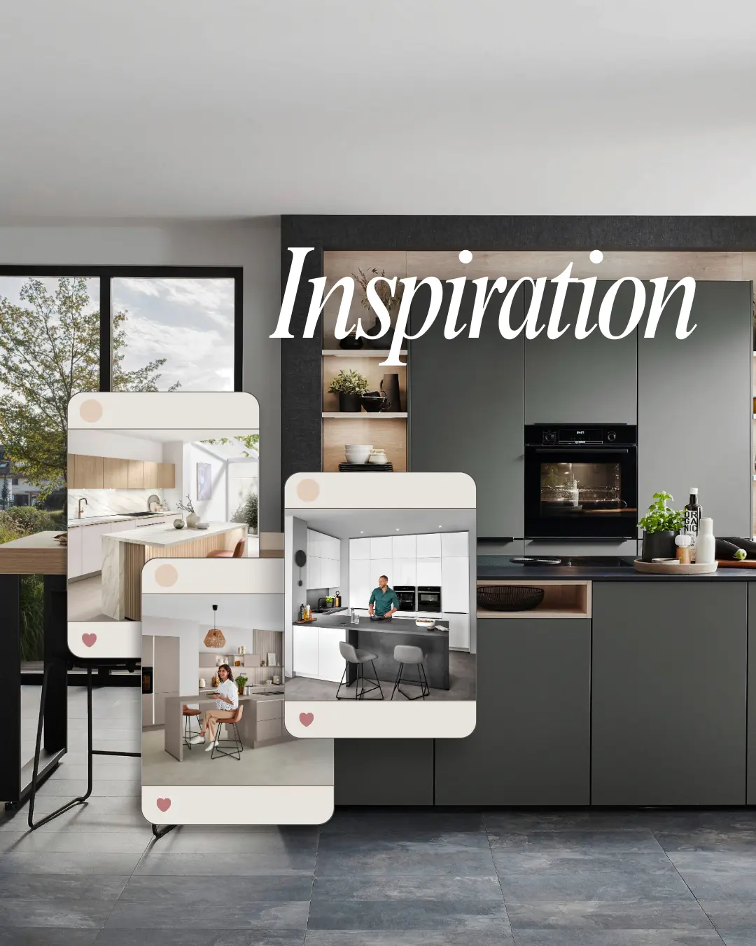 Das Bild zeigt eine moderne Küche und den Schriftzug „Inspiration“ mit drei Social-Media-Posts als Design-Ideen im Vordergrund. Das Bild zeigt eine moderne Küche und den Schriftzug „Inspiration“ mit drei Social-Media-Posts als Design-Ideen im Vordergrund.
