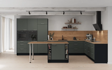 möbelnavi Insel-Küche 456,6 x 276,8 mit E-Geräten Planung 1 Mineralgrün matt Easytouch möbelnavi Insel-Küche 456,6 x 276,8 mit E-Geräten Planung 1 Mineralgrün matt Easytouch