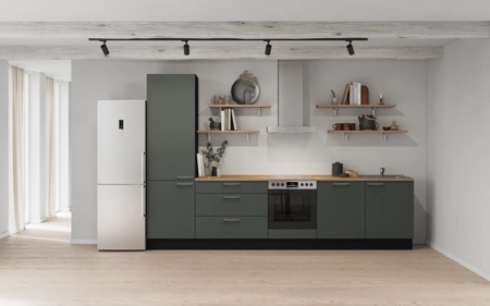 möbelnavi Küchen-Zeile 330 cm mit E-Geräten Planung 12 Mineralgrün matt Easytouch möbelnavi Küchen-Zeile 330 cm mit E-Geräten Planung 12 Mineralgrün matt Easytouch