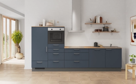 möbelnavi Küchen-Zeile 330 cm mit E-Geräten Planung 16 Fjordblau matt Easytouch
