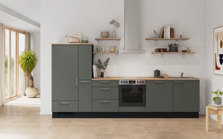 möbelnavi Küchen-Zeile 330 cm mit E-Geräten Planung 17 Mineralgrün matt Easytouch möbelnavi Küchen-Zeile 330 cm mit E-Geräten Planung 17 Mineralgrün matt Easytouch