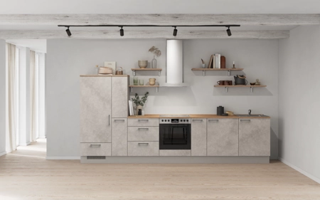 möbelnavi Küchen-Zeile 360 cm mit E-Geräten Planung 17 Beton (hell-) grau matt Riva möbelnavi Küchen-Zeile 360 cm mit E-Geräten Planung 17 Beton (hell-) grau matt Riva
