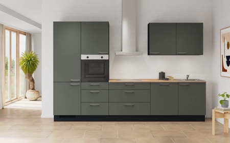 möbelnavi Küchen-Zeile 330 cm mit E-Geräten Planung 2 Mineralgrün matt Easytouch möbelnavi Küchen-Zeile 330 cm mit E-Geräten Planung 2 Mineralgrün matt Easytouch