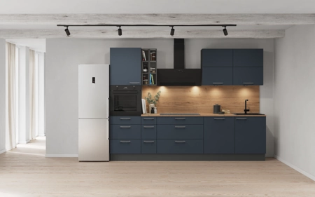 möbelnavi Küchen-Zeile 300 cm mit E-Geräten Planung 8 Fjordblau matt Easytouch möbelnavi Küchen-Zeile 300 cm mit E-Geräten Planung 8 Fjordblau matt Easytouch
