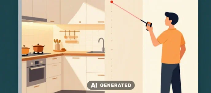 Illustration einer Küchenvermessung, bei der eine Person mit einem Laser Entfernungsmesser die Wand neben einer Küche ausmisst. Illustration einer Küchenvermessung, bei der eine Person mit einem Laser Entfernungsmesser die Wand neben einer Küche ausmisst.