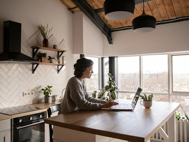 Frau in einer gemütlichen Küche mit Holzdecke arbeitet an einem Holztisch an einem Laptop. Frau in einer gemütlichen Küche mit Holzdecke arbeitet an einem Holztisch an einem Laptop.