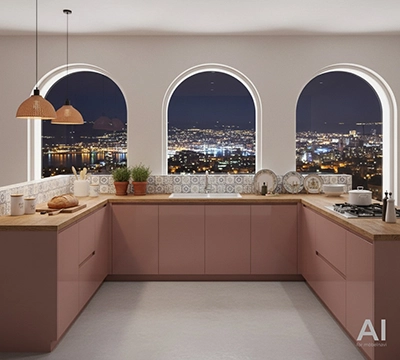 Hellrote U-Küche mit matten, grifflosen Fronten und Deko. Der Ausblick zeigt eine Stadt in der Nacht. Hellrote U-Küche mit matten, grifflosen Fronten und Deko. Der Ausblick zeigt eine Stadt in der Nacht.