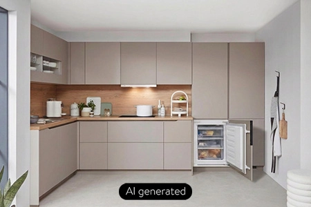 Sandfarbene grifflose Küche mit Arbeitsplatte in Holzton und geöffnetem Gefrierschrank. Sandfarbene grifflose Küche mit Arbeitsplatte in Holzton und geöffnetem Gefrierschrank.