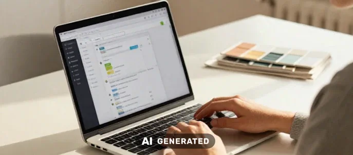 Person arbeitet am Laptop an einer digitalen Küchenplanung, während Farbmuster und Grundrissunterlagen auf dem Tisch liegen. Person arbeitet am Laptop an einer digitalen Küchenplanung, während Farbmuster und Grundrissunterlagen auf dem Tisch liegen.