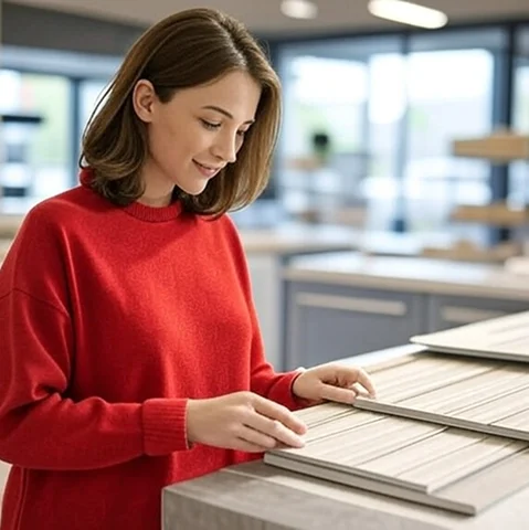 Person im roten Pullover betrachtet etwas – im Hintergrund moderne Küche. Person im roten Pullover betrachtet etwas – im Hintergrund moderne Küche.