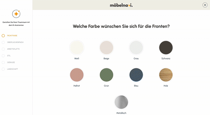 Vorschau des KI-Bildgenerierungstool. Man durchläuft ein Quiz und sieht anschließend KI-generierte Bilder der neuen Küche. Vorschau des KI-Bildgenerierungstool. Man durchläuft ein Quiz und sieht anschließend KI-generierte Bilder der neuen Küche.
