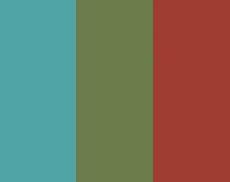Drei vertikale Farbfelder: links ein klares Aquablau, in der Mitte ein gedämpftes Olivgrün, rechts ein warmer, erdiger Rotton. Drei vertikale Farbfelder: links ein klares Aquablau, in der Mitte ein gedämpftes Olivgrün, rechts ein warmer, erdiger Rotton.