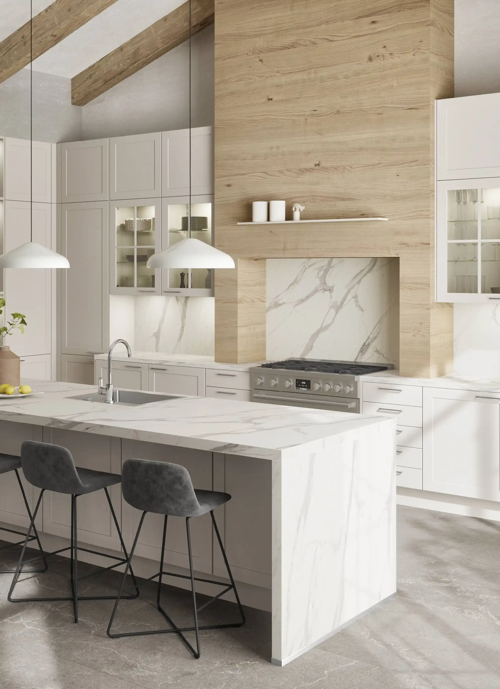 Helle Landhausküche mit großer Kücheninsel, Marmoroptik und Barhockern, umgeben von weißen Schränken und Holzakzenten. Helle Landhausküche mit großer Kücheninsel, Marmoroptik und Barhockern, umgeben von weißen Schränken und Holzakzenten.