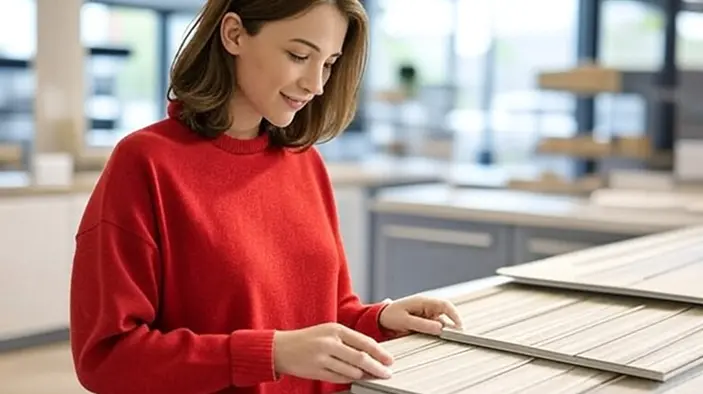 Eine Frau im roten Pullover betrachtet Laminatmuster in einem Ausstellungsraum und lächelt sanft. Helles und modernes Ambiente suggeriert Interesse und Entscheidungsfreude. Eine Frau im roten Pullover betrachtet Laminatmuster in einem Ausstellungsraum und lächelt sanft. Helles und modernes Ambiente suggeriert Interesse und Entscheidungsfreude.