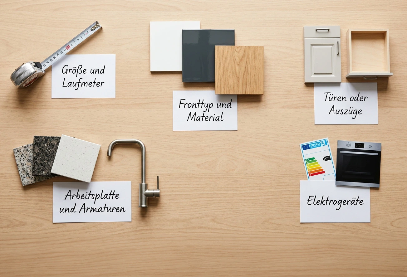Wir sehen eine Schreibtischoberfläche mit Abbildungen verschiedener Faktoren, die die Kosten einer Küche beeinflussen. Ein Maßband für die Größe, Frontmuster für die Front, Tür, Auszug, Arbeitsplatte, Mischbatterie und E-Geräte Wir sehen eine Schreibtischoberfläche mit Abbildungen verschiedener Faktoren, die die Kosten einer Küche beeinflussen. Ein Maßband für die Größe, Frontmuster für die Front, Tür, Auszug, Arbeitsplatte, Mischbatterie und E-Geräte