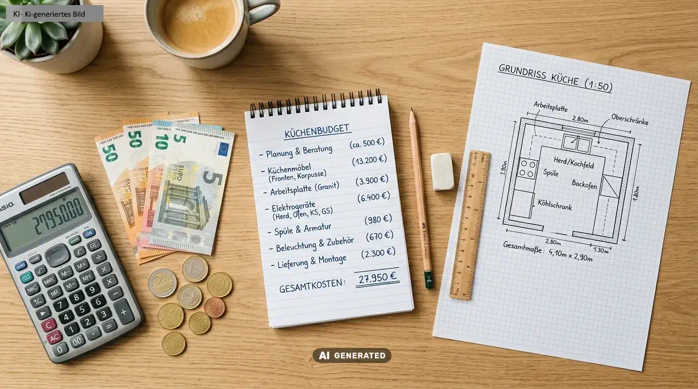 Auf einem Tisch wird das Budget für eine Küche mithilfe eines Taschenrechners ausgerechnet Auf einem Tisch wird das Budget für eine Küche mithilfe eines Taschenrechners ausgerechnet