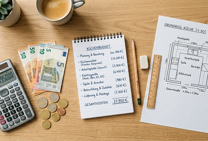 Schreibtischoberfläche zum Thema "Was kostet eine Küche?" Notizblock, Grundriss, Taschenrechner und Geld. Schreibtischoberfläche zum Thema "Was kostet eine Küche?" Notizblock, Grundriss, Taschenrechner und Geld.