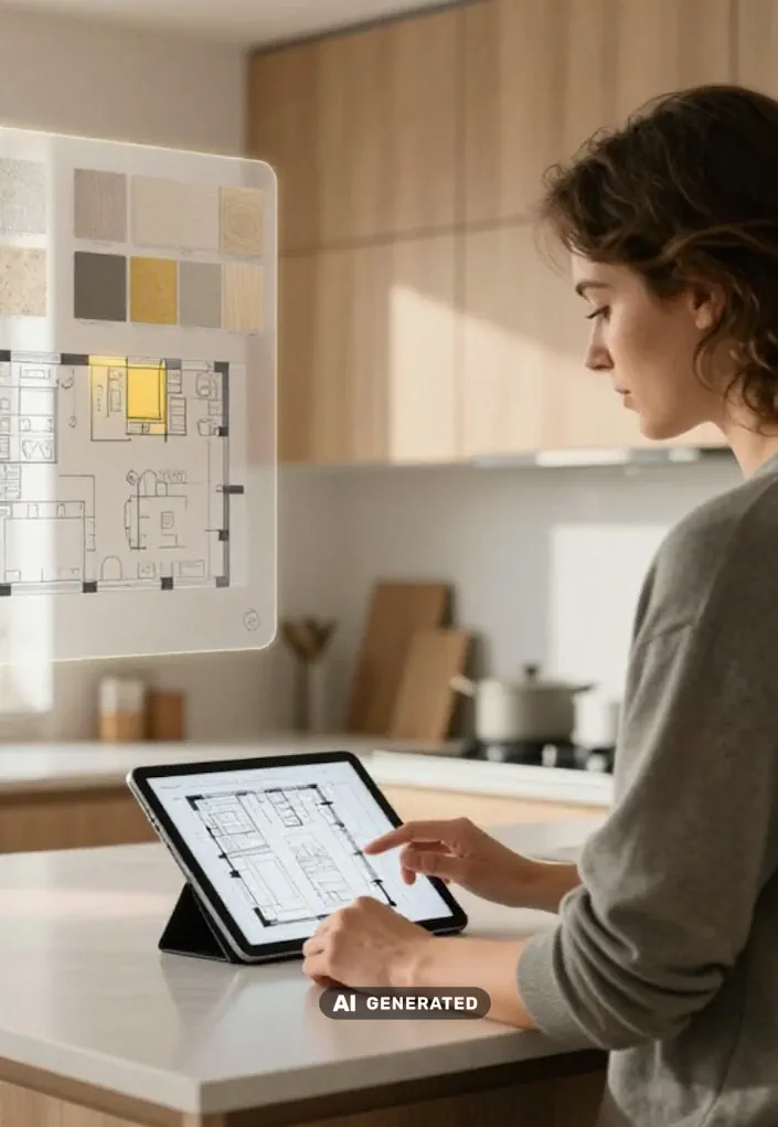 Frau plant eine Küche am Tablet, während digitale Farb- und Raumplanungselemente über einer modernen Küchenzeile eingeblendet sind. Frau plant eine Küche am Tablet, während digitale Farb- und Raumplanungselemente über einer modernen Küchenzeile eingeblendet sind.