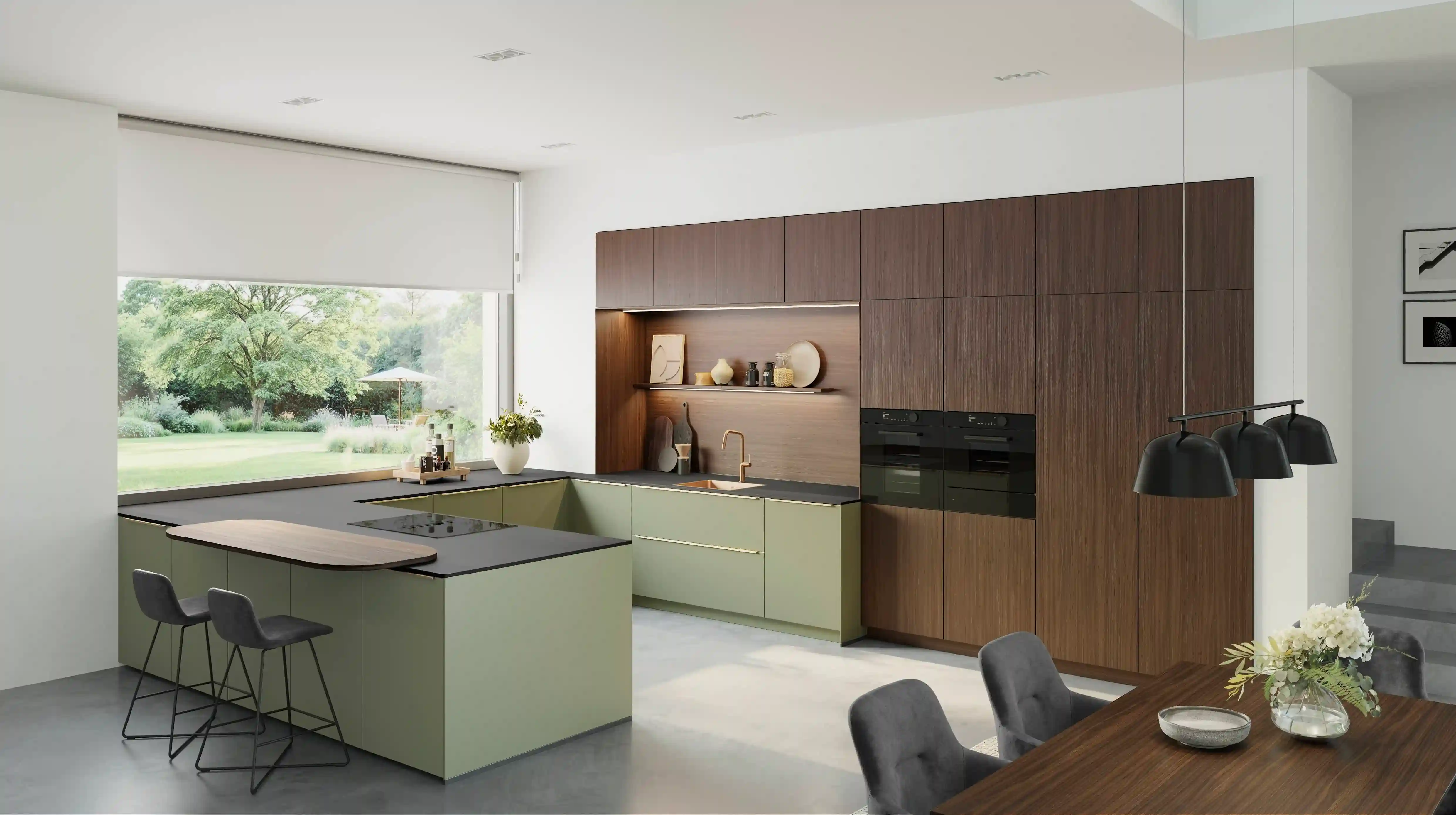U-Küche mit hellgrünen Unterschränken und Hochschränken in dunklem Nussbaumholz als warme und gemütliche zweifarbige Küche mit Holz U-Küche mit hellgrünen Unterschränken und Hochschränken in dunklem Nussbaumholz als warme und gemütliche zweifarbige Küche mit Holz